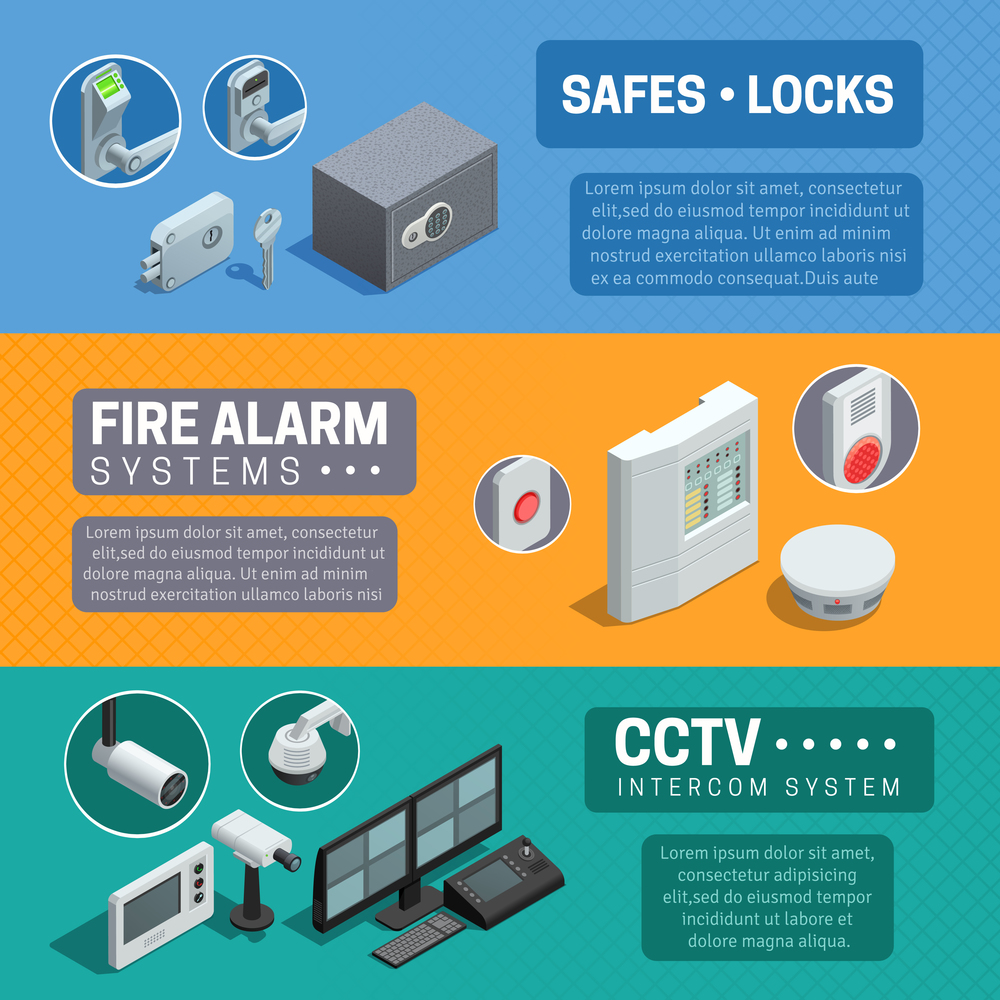 Home security system description 3 horizontal isometric banners set with cctv and fire alarm abstract isolated vector illustration . Home Security System Isometric Banners Set