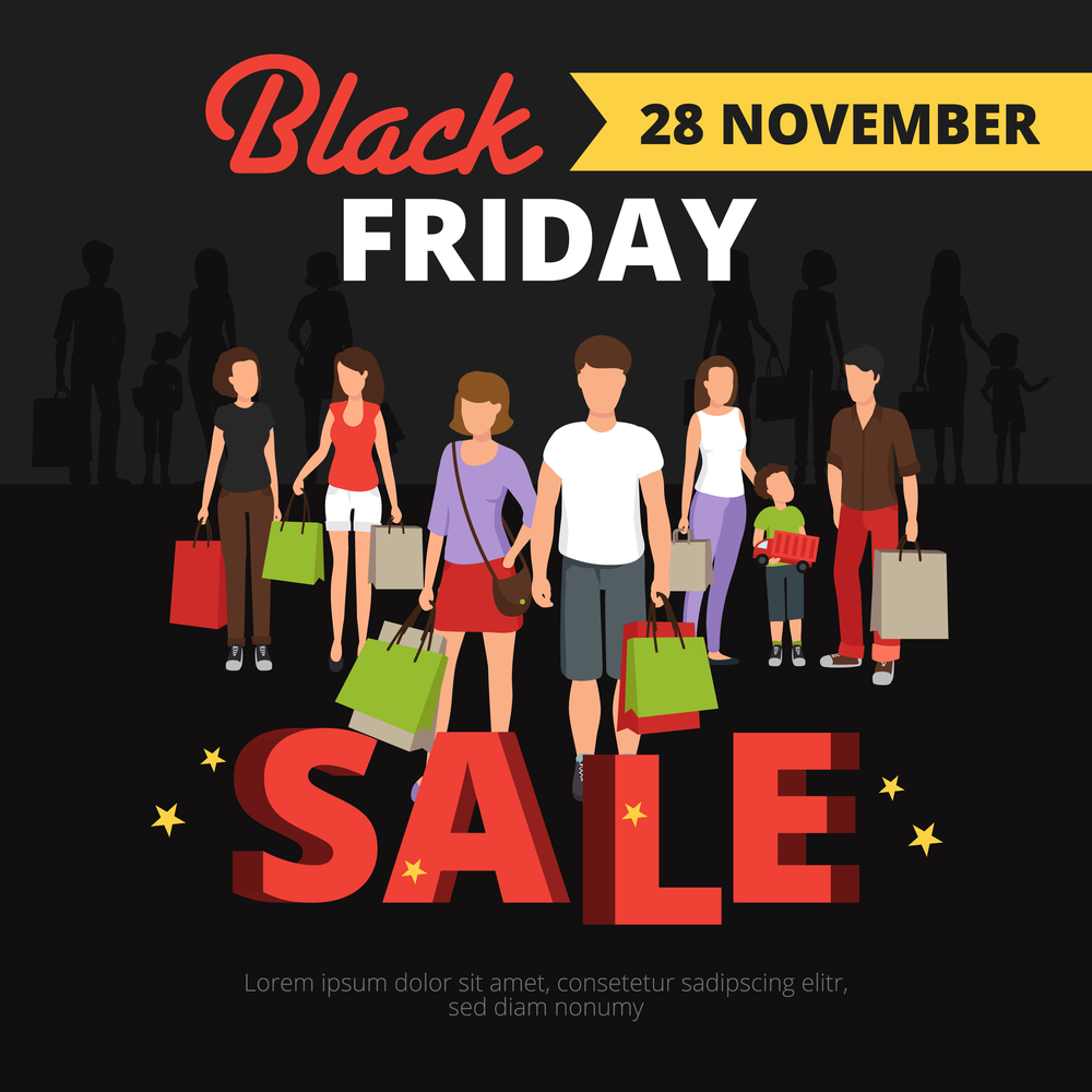 Sale poster with people and Black Friday shopping symbols flat vector illustration . Sale Poster Illustration