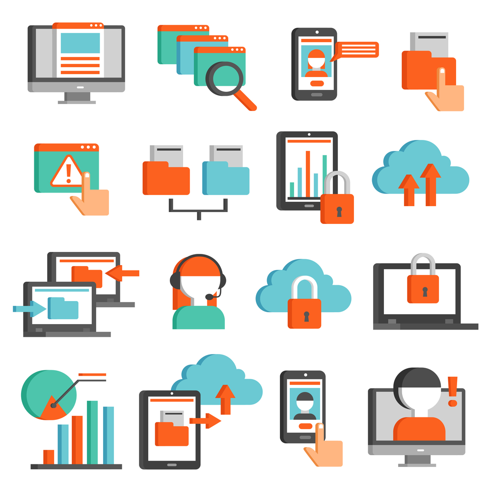 information technologies flat icons set with padlock cloud storage smartphone laptop online operator isolated vector illustration. Information Technologies Flat Icons Set