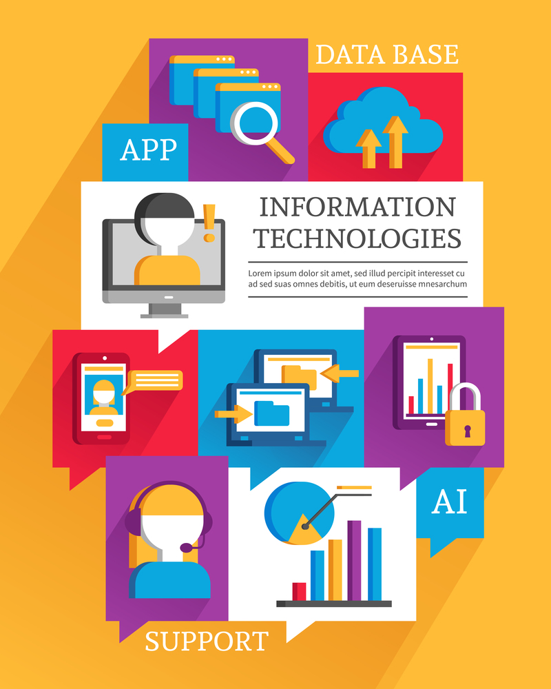 IT poster with flat colored elements promoting operators support cloud technologies data exchange and smartphone apps vector illustration  . Information Technologies Poster
