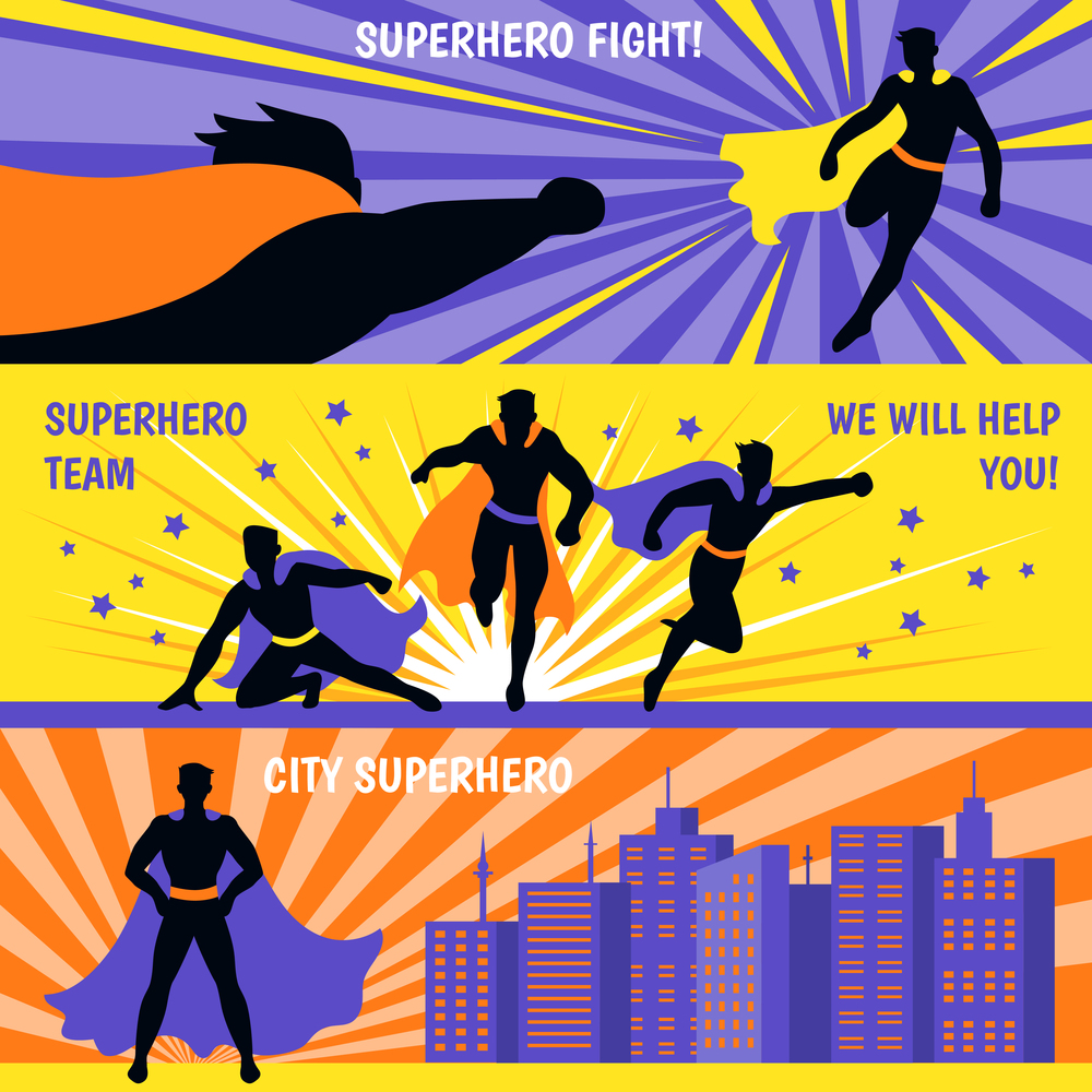 Superhero team horizontal banners set with cartoon characters flying to aid flat isolated vector illustration. Superhero Horizontal Banners Set