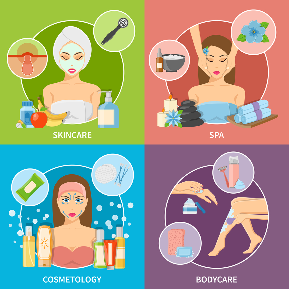 Skin and body cosmetology 2x2 design concept set with spa skincare and bodycare flat symbols vector illustration   . Skin And Body Cosmetology 2x2 Design Concept