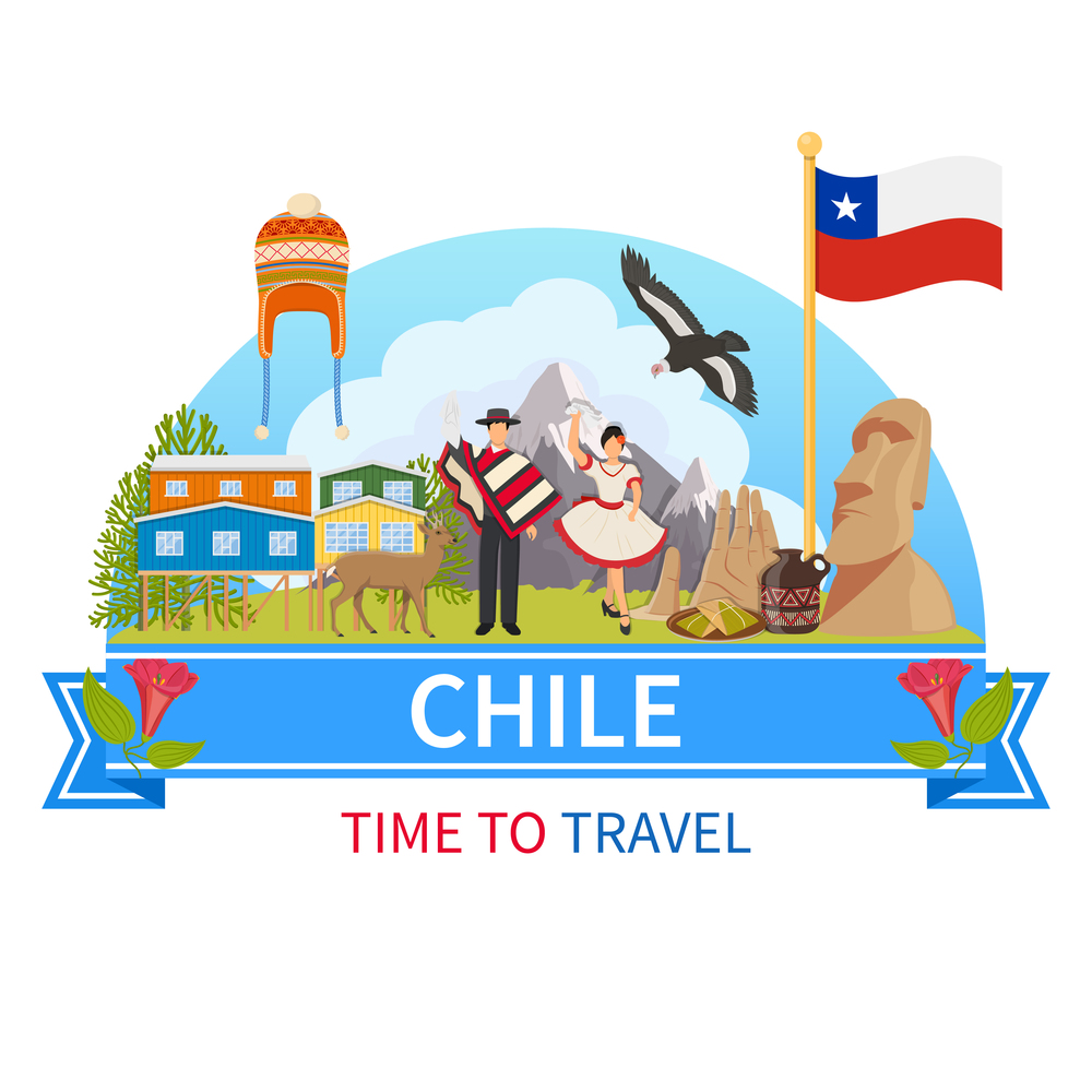Chile flat composition with man and woman in ethnic clothes flora and fauna of national Park and historical landmarks icons vector illustration. Chile Vector Composition