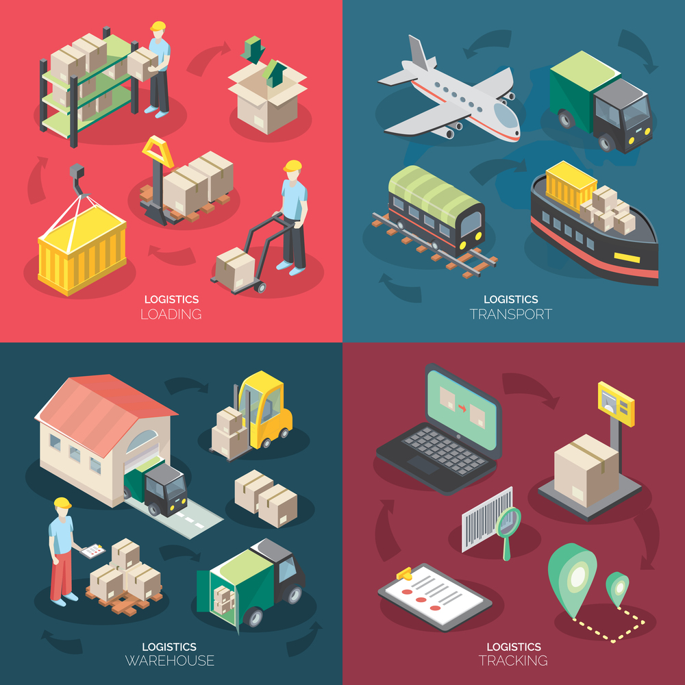 Logistics concept icons set with tracking and warehouse symbols isometric isolated vector illustration . Logistics Concept Icons Set