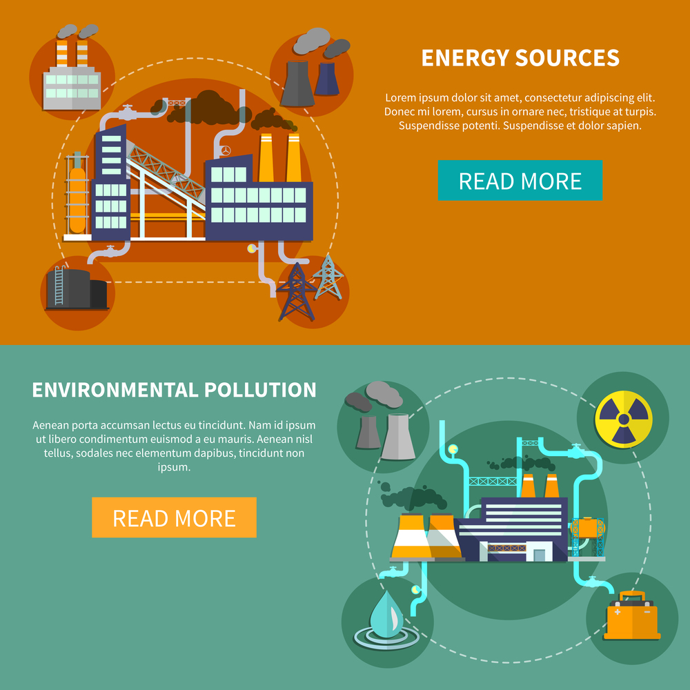 Industry set horizontal banners website design abstract isolated vector illustration. Energy sources and environmental pollution banner