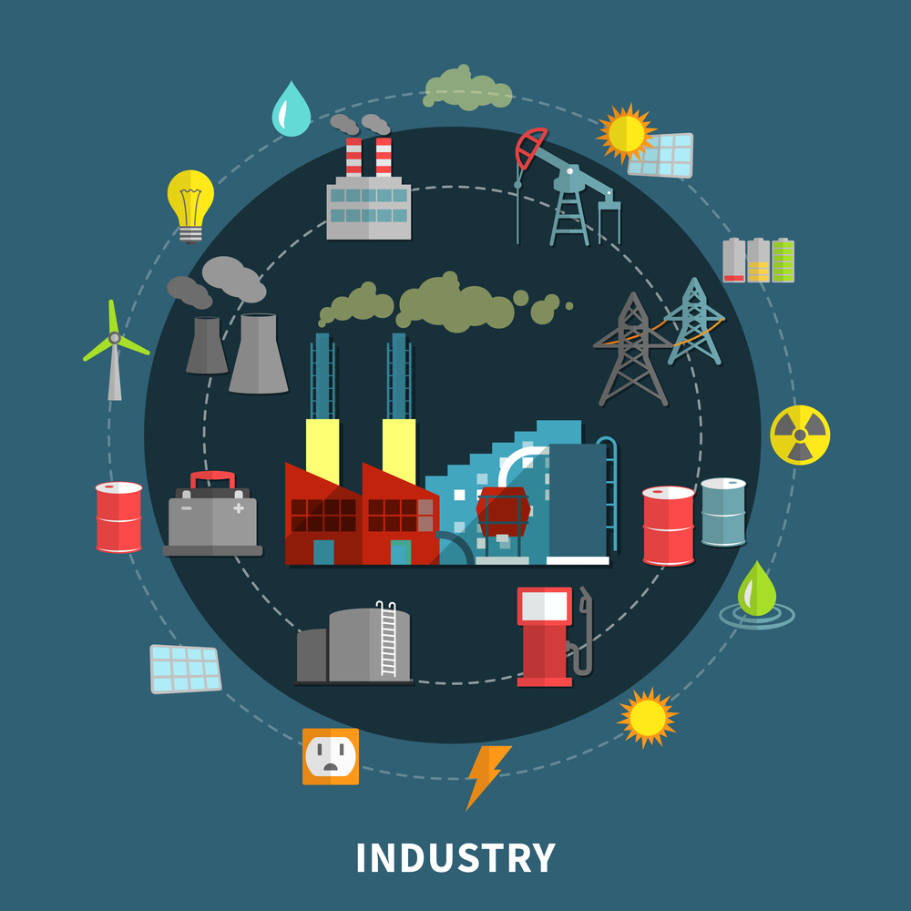 Industry concept with set abstract and design isolated vector illustration. Vector illustration with industry elements