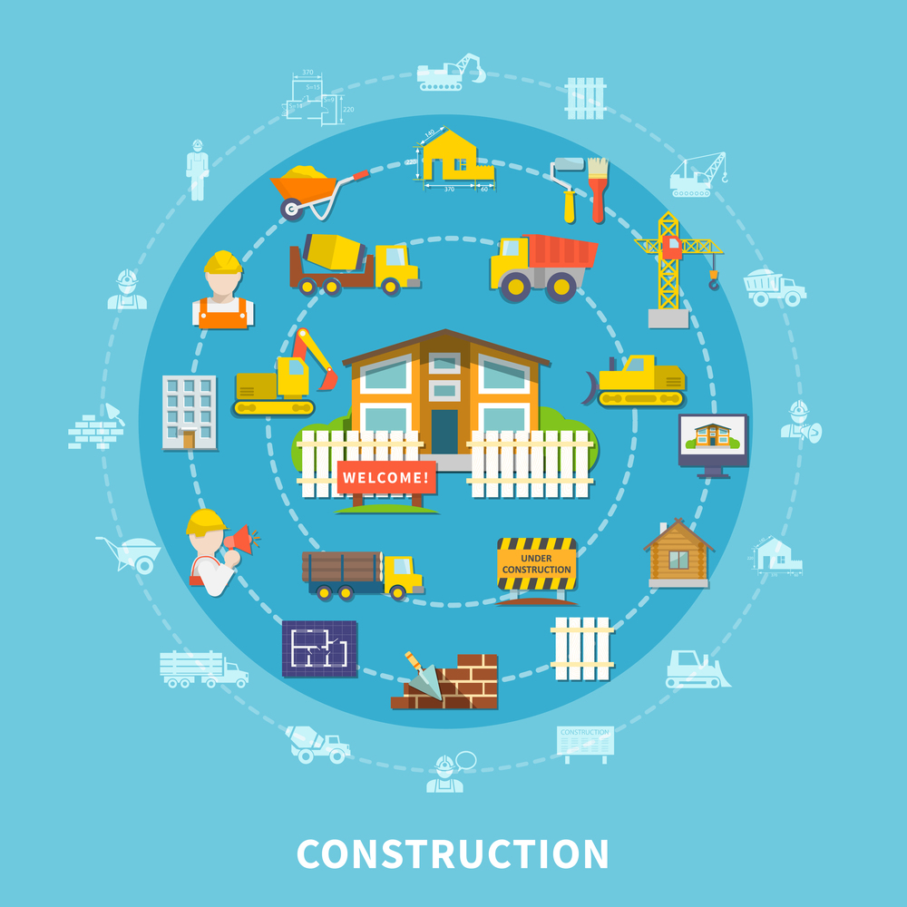 Flat construction elements with building tools equipment vehicles transport house and workers isolated vector illustration. Flat Construction Elements