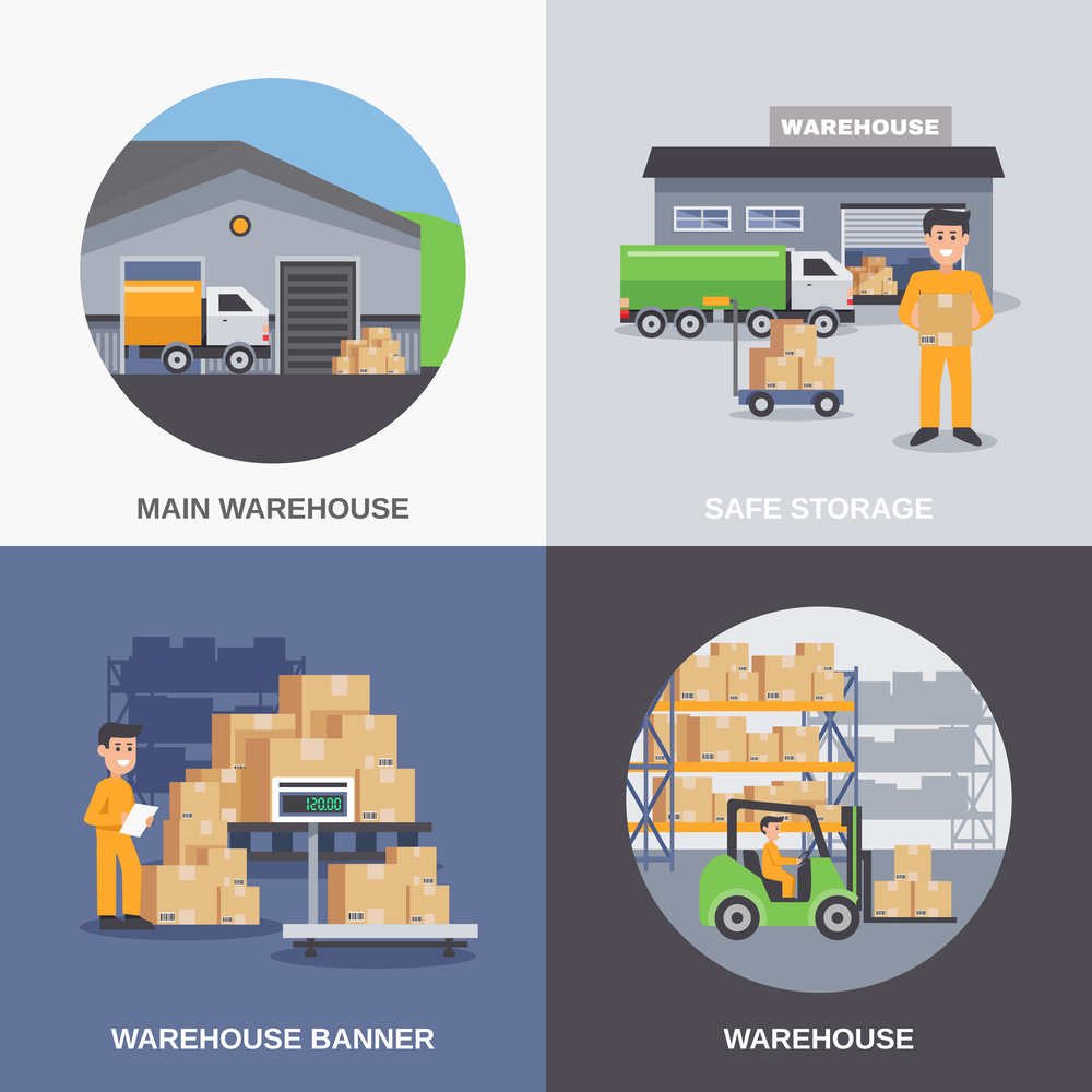 Warehouse 2x2 flat design concept with storage building and workers loading boxes by fork lifts vector illustration. warehouse 2x2 flat design concept