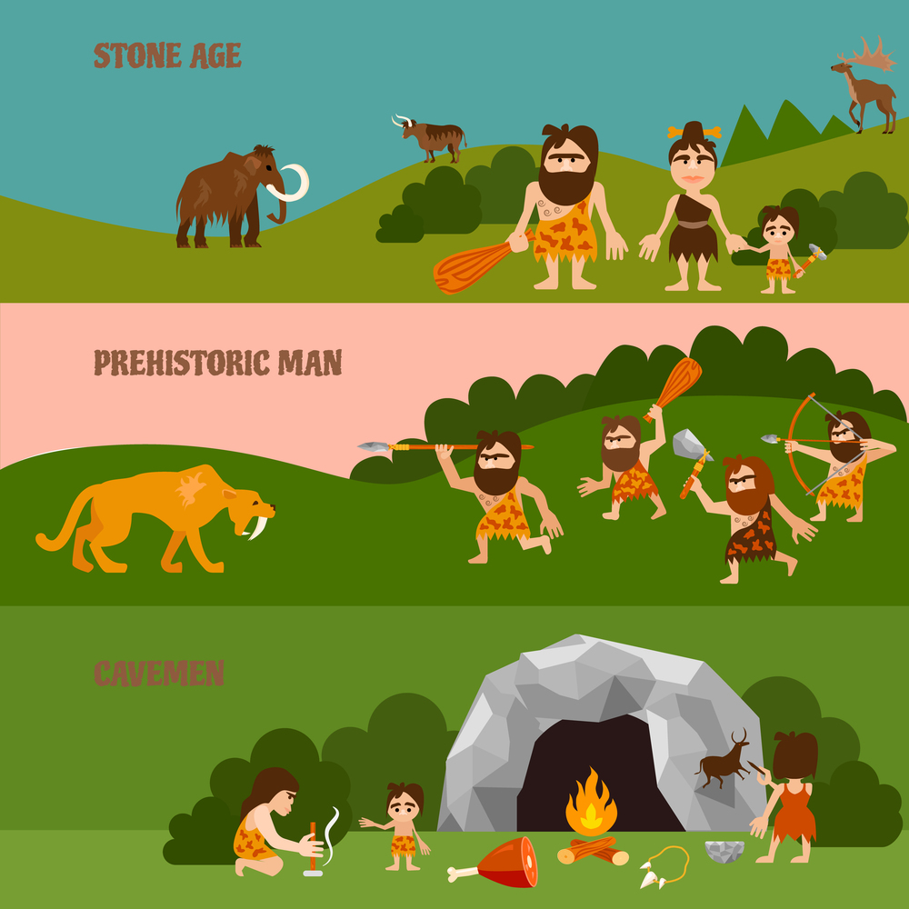 Stone age horizontal banners with hunting  cavemen cave tribe bonfire and animals in flat style vector illustration. Stone Age Horizontal Banners