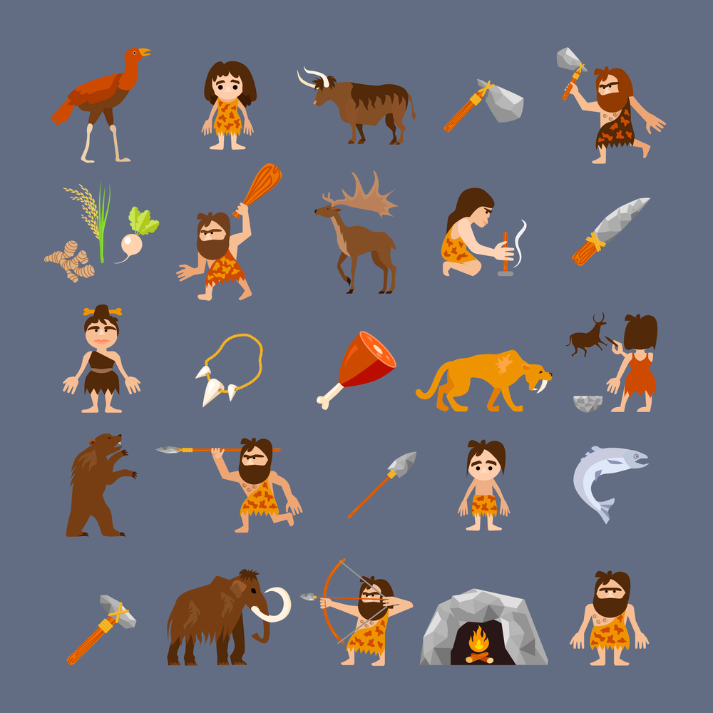 Ancient flat icons collection with caveman weapons food animals and tools isolated vector illustration. Ancient Flat Icons Collection