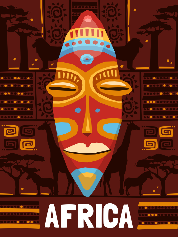 Colorful tribal ethnic mask template on african background with animals isolated vector illustration. Tribal Ethnic Mask Template