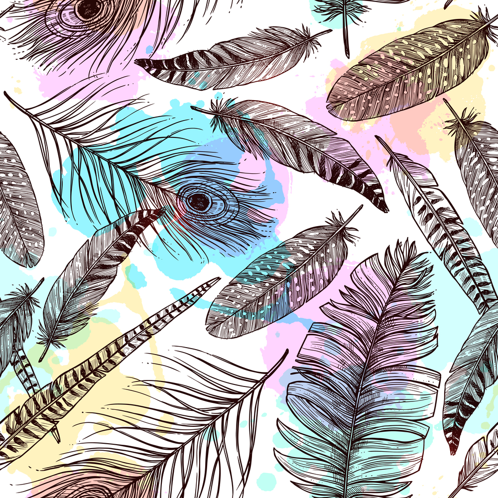 Hand drawn feathers seamless pattern with bird plumes and colorful painting stains vector illustration. Hand Drawn Feathers Seamless Pattern