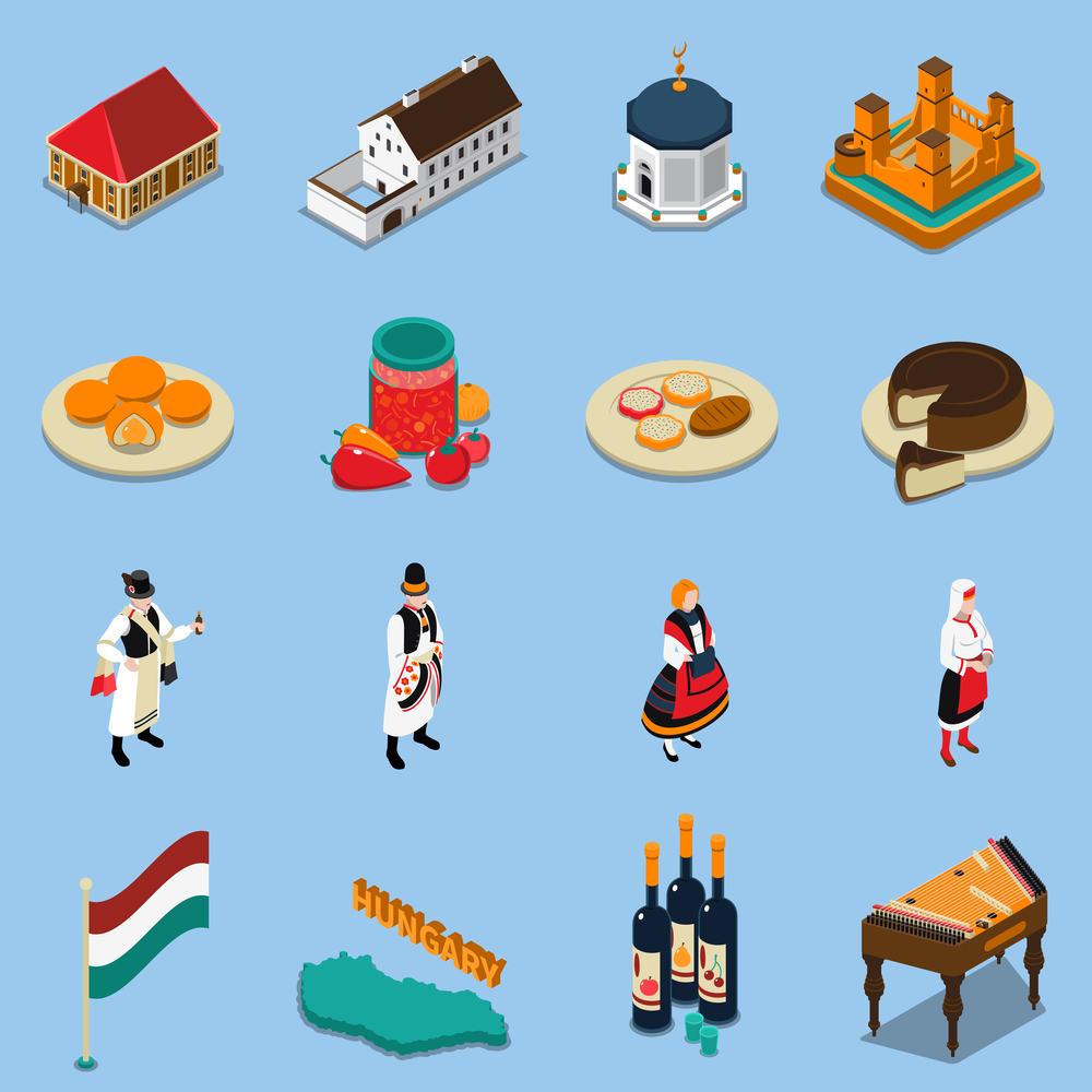 Hungary isometric touristic icons set with hungarian national costumes symbols architecture and cuisine isolated on blue background vector illustration. Hungary Isometric Touristic Icons Set