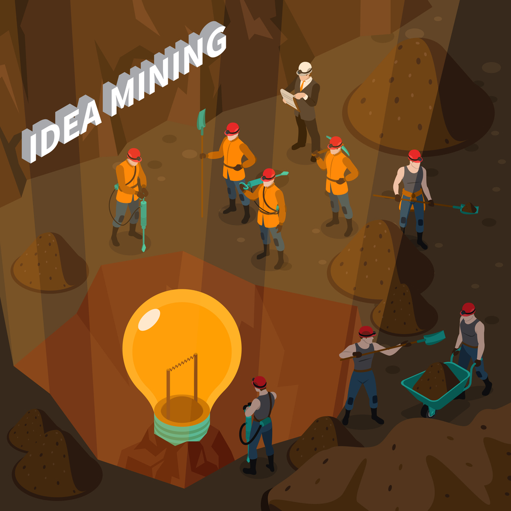 Idea isometric concept with people working in mine and holding mining inventory vector illustration. Idea Mining Isometric Concept