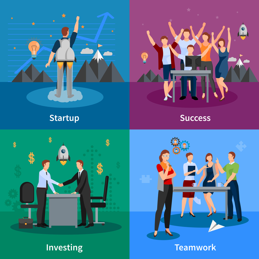 Successful startup concept 4 flat icons square poster with project investing and good teamwork isolated vector illustration . Startup 4 Flat Icons Square Poster
