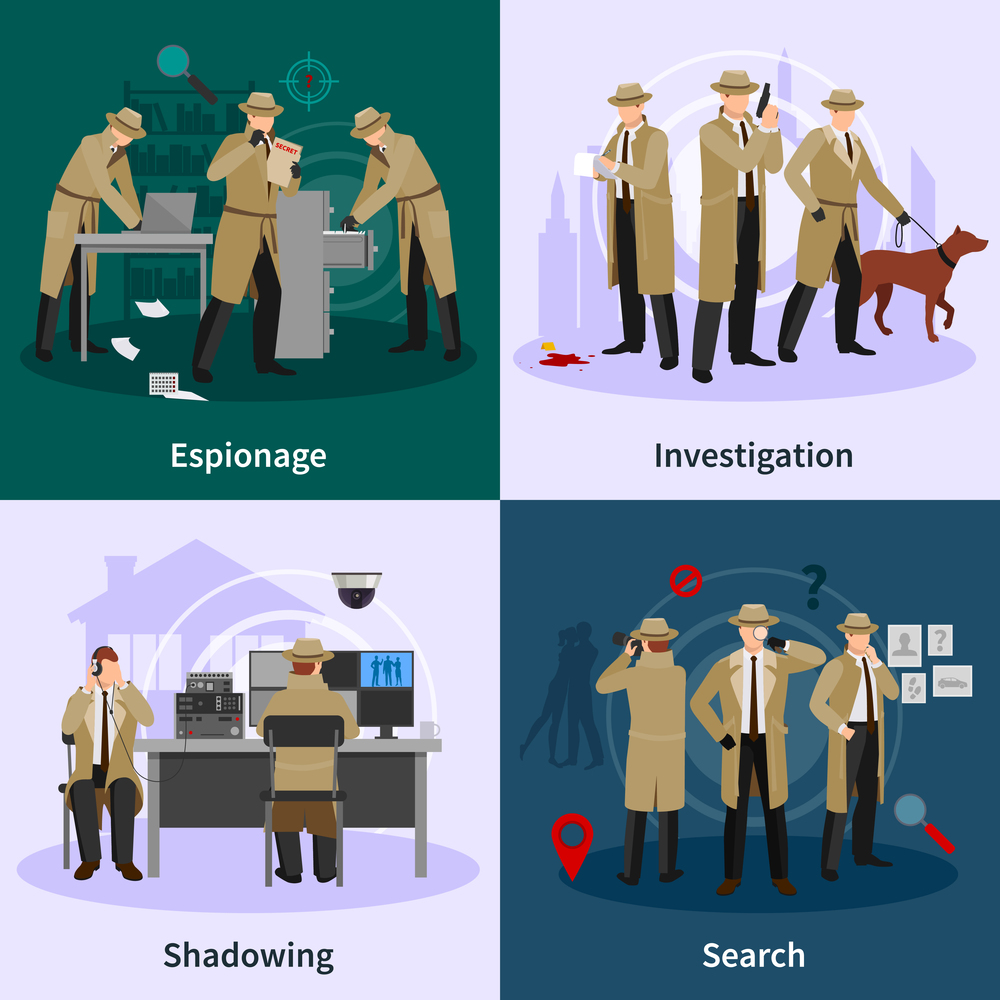 Spy flat concept with detectives dressed in brown coat and involving in different professional situations vector illustration. Spy Flat Concept
