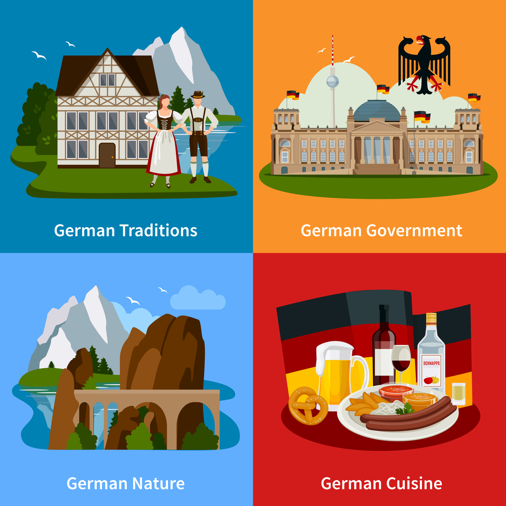 Germany travel flat concept with cultural traditions food architectural buildings beautiful landscapes vector illustration. Germany Travel Flat Concept