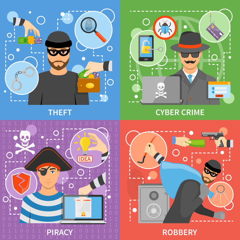 Flat crime concept with property money theft virus attack threats intellectual information stealing vector illustration. Flat Crime Concept
