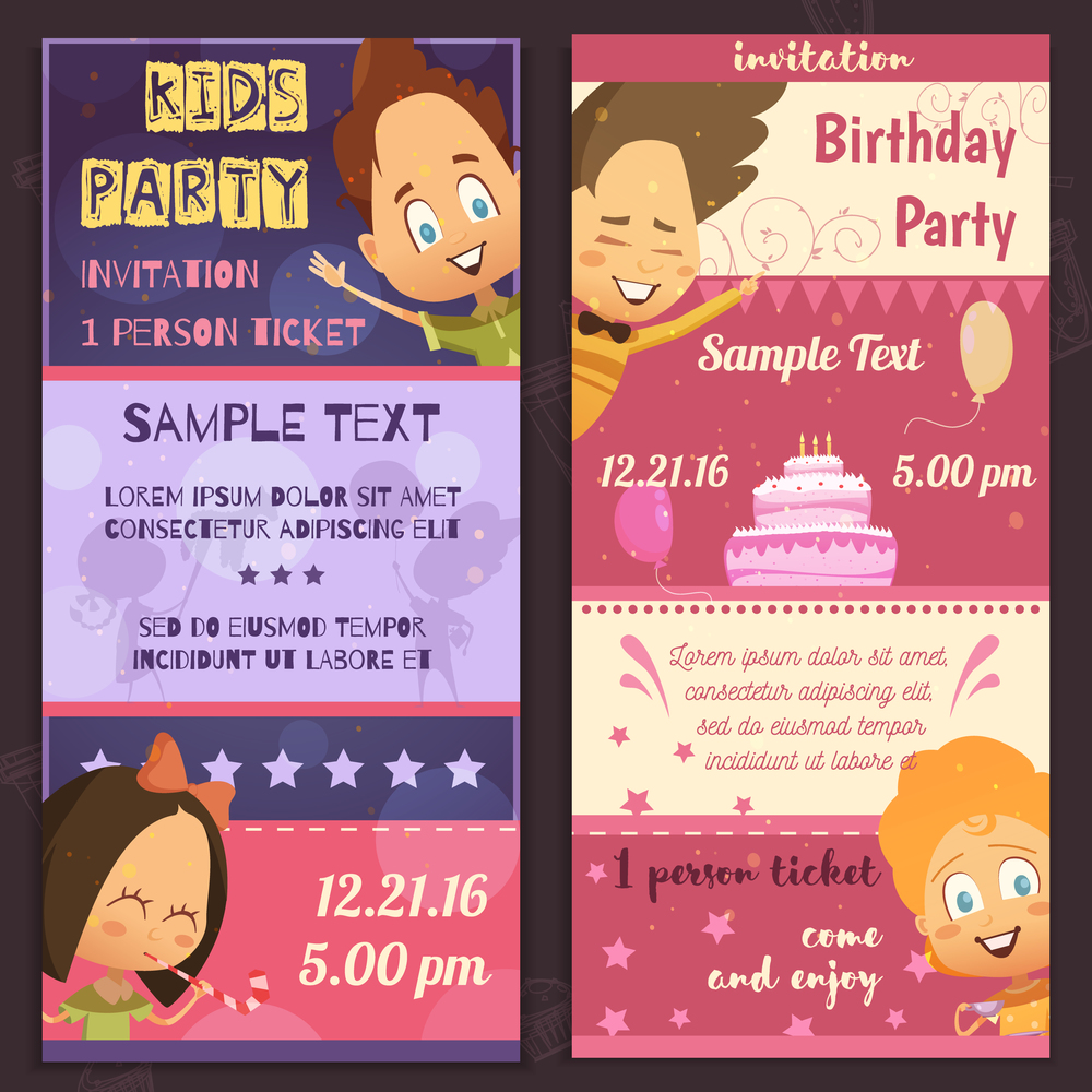 Kids party invitation layout vertical banners with glad children faces birthday cake and places for sample text flat vector illustration. Kids Party Invitation Banners