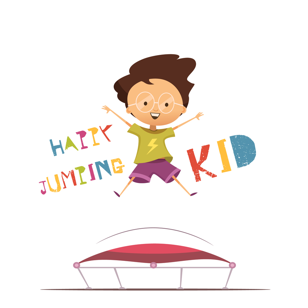 Happy cartoon preschool kid jumping on trampoline flat vector illustration in retro style on white background . Happy Jumping Kid Vector Illustration
