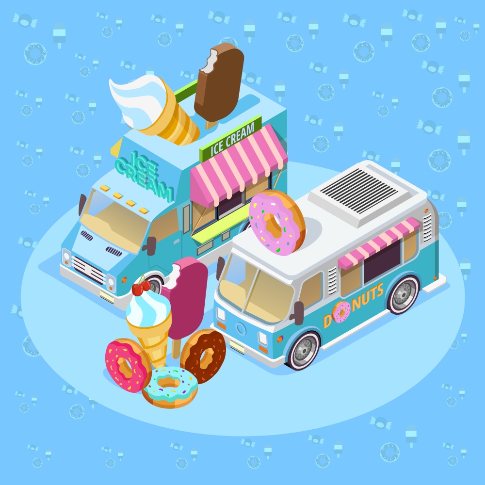 Street food trucks isometric composition poster with ice cream van and donuts bus blue background vector illustration . Food Trucks Isometric Composition Poster