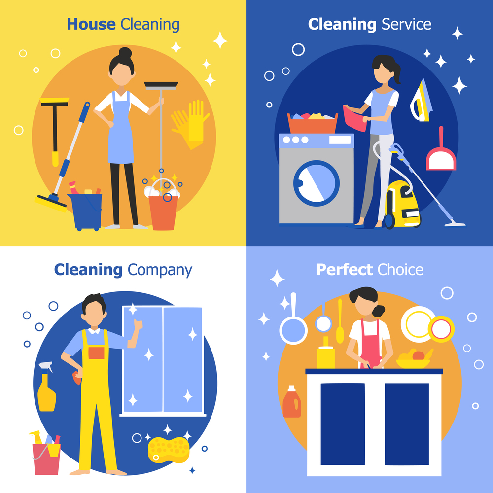 Cleaning people concept with housewife maid and company worker in flat style vector illustration. Cleaning People Concept