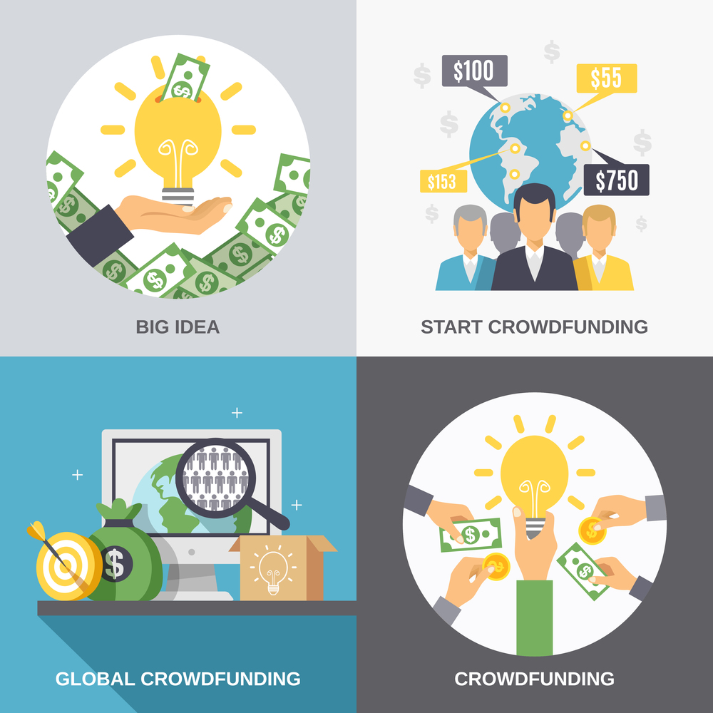 Crowdfunding 2x2 design concept with business idea finance investment and global donation icons compositions flat vector illustration . Crowdfunding 2x2 Design Concept