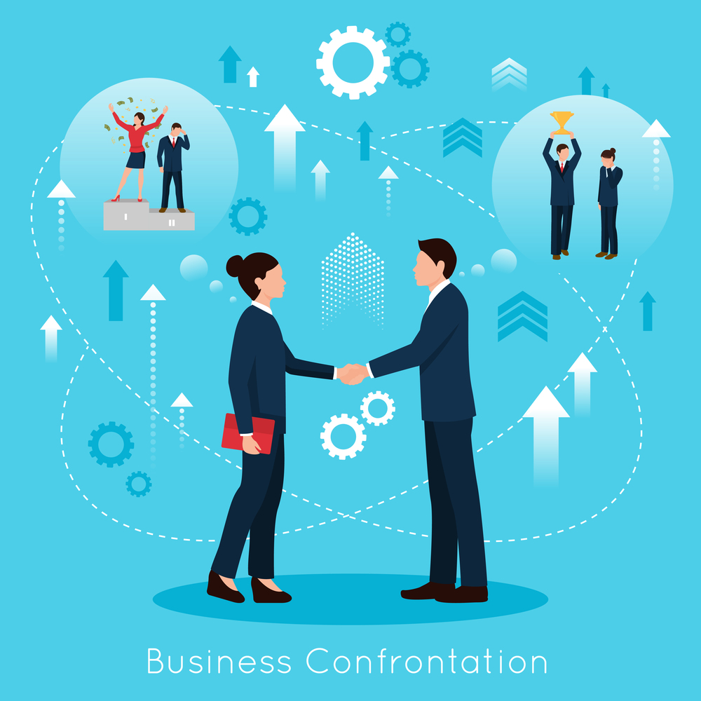 Constructive business confrontation for productive partnership concept flat symbolic composition poster with agreement handshake vector illustration . Constructive Business Confrontation Flat Composition Poster