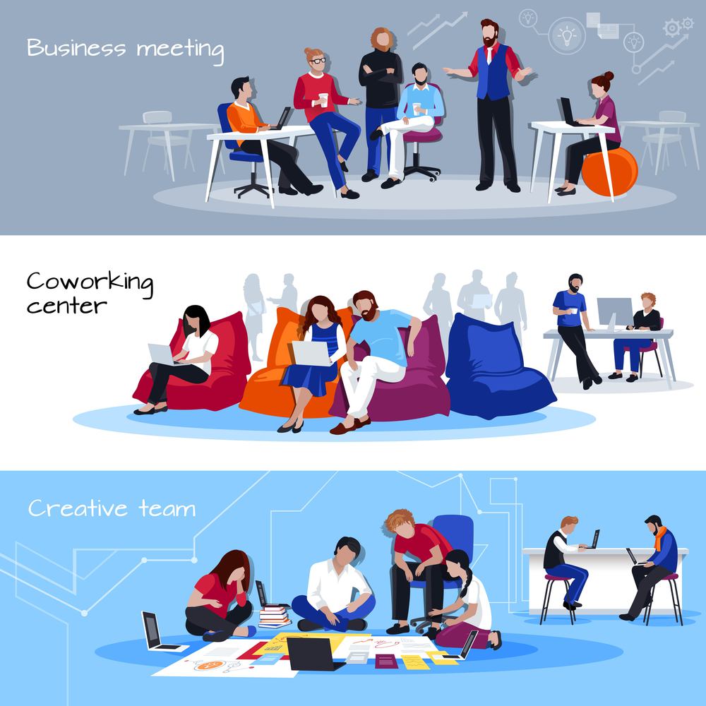 Coworking people horizontal banners with business meating coworking center and creative team compositions flat vector illustration. Coworking People Flat Horizontal Banners