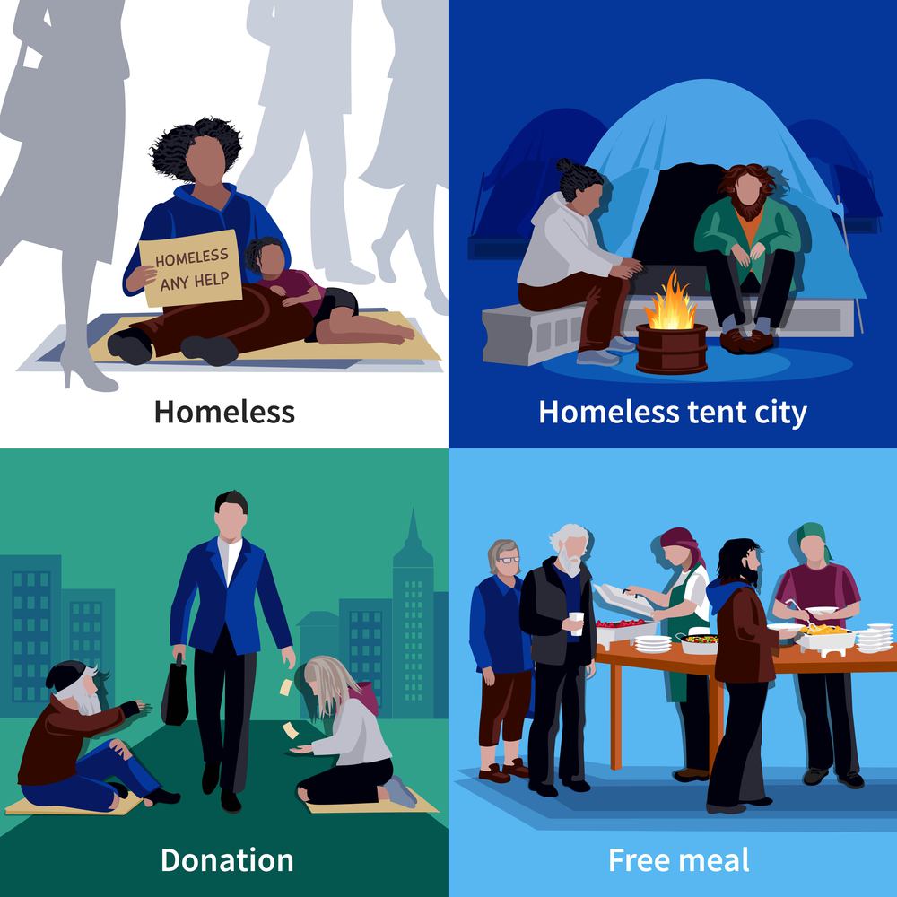 Homeless people 2x2 design concept with hungry beggar sitting on sidewalk man making donation free meal flat vector illustration   . Homeless People 2x2 Design Concept