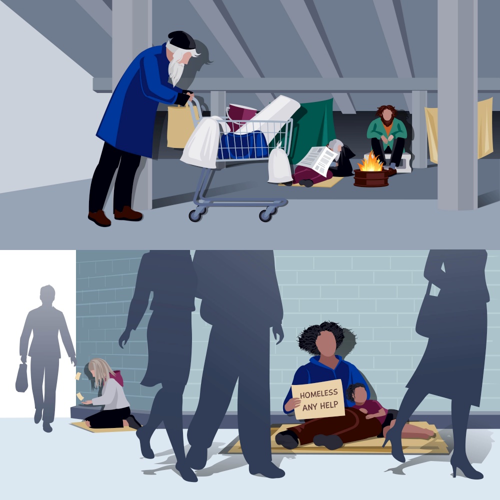 Homeless people flat horizontal compositions of hungry begging alms and unemployed living in city tents vector illustration   . Homeless People Flat Compositions