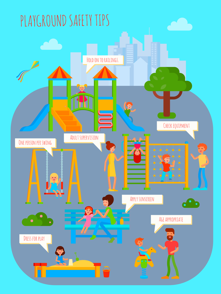 Playground infographics with flat colorful cartoon childrens playground urban scenery people characters and rectangular thought bubbles vector illustration. Playground Safety Tips Poster