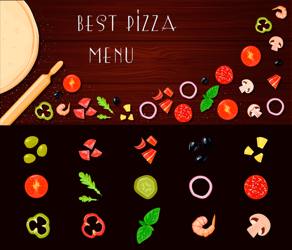 Retro cartoon style pizza ingredients set with table top and small isolated constructor slices of vegetables vector illustration. Pizza Filler Vegetables Set