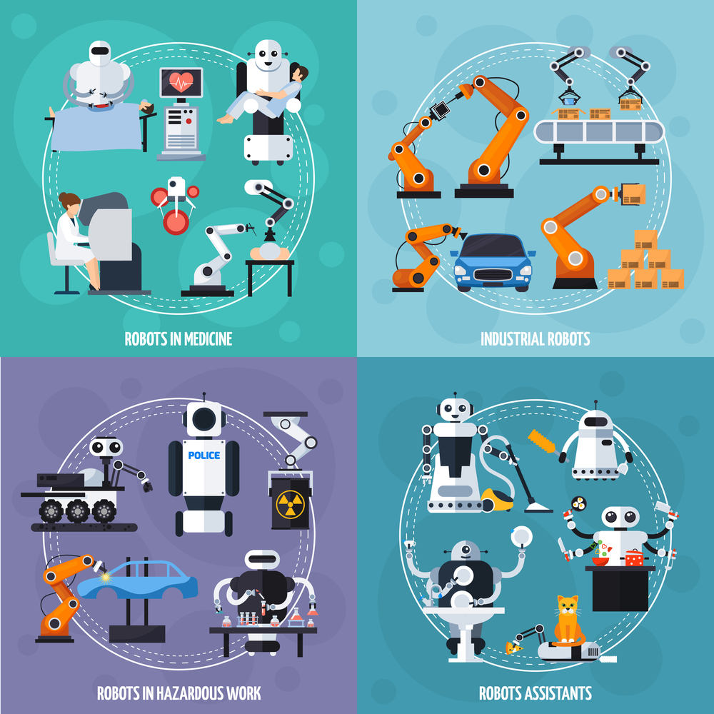 Robots concept icons set with industrial robots symbols flat isolated vector illustration . Robots Concept Icons Set