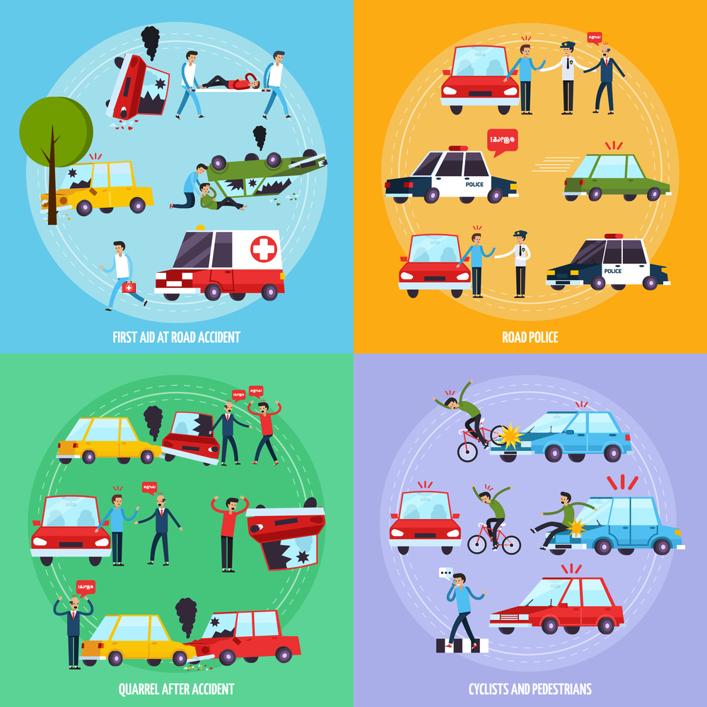 Road accident concept icons set with cyclists and pedestrians symbols flat isolated vector illustration . Road Accident Concept Icons Set