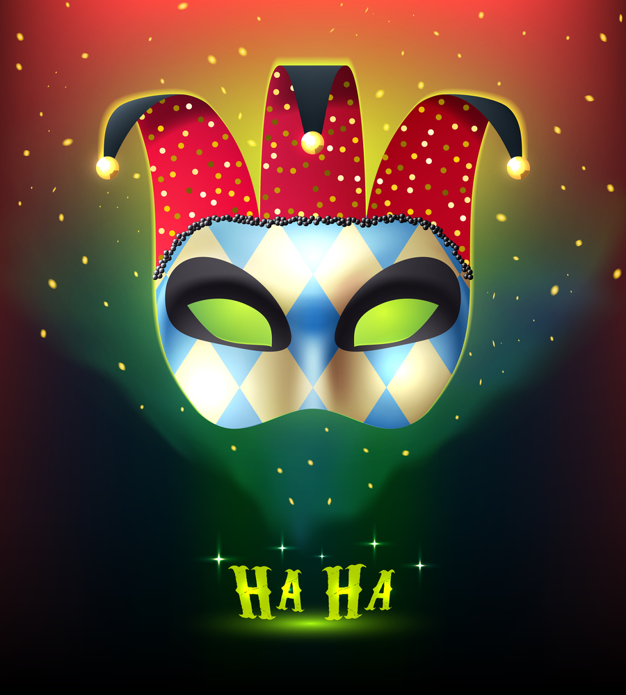 Masquerade background with realistic joker mask splendid on colorful stellar background with cartoon style mysterious lights vector illustration. Realistic Carnival Mask Background