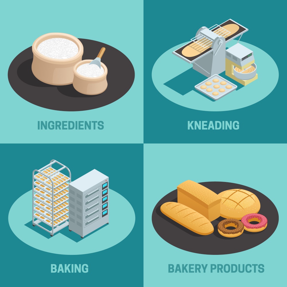 Four bakery factory isometric icon set with ingredients kneading baking and bakery products descriptions vector illustration. Four Bakery Factory Isometric Icon Set