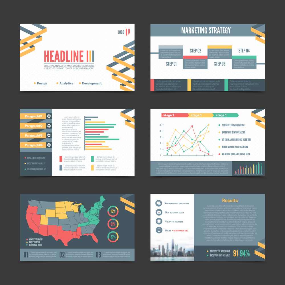 Six horizontal presentation templates banner set with different elements for page of business presentation vector illustration. Presentation Templates Banner Set
