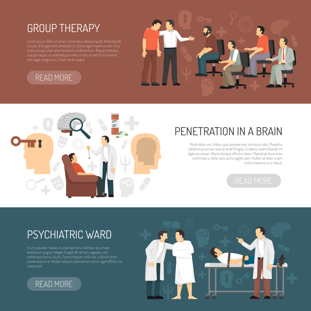 Psychologist horizontal banners with session of group psychotherapy penetration in brain and psychiatric ward icons compositions flat vector illustration. Psychologist Horizontal Banners