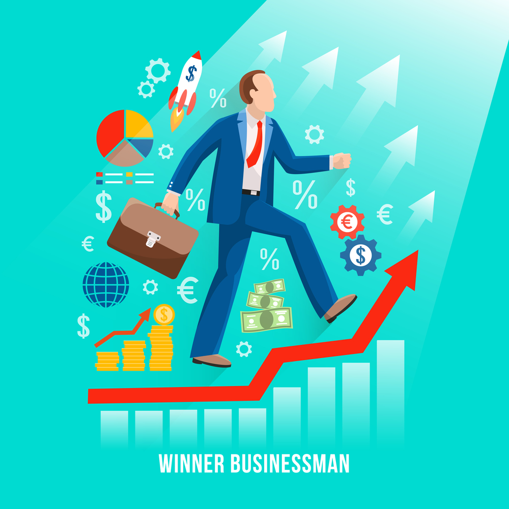 Successful businessman symbolic flat poster with winner rising along his profits red graph diagram line vector illustration . Successful Businessman Symbolic Flat Poster