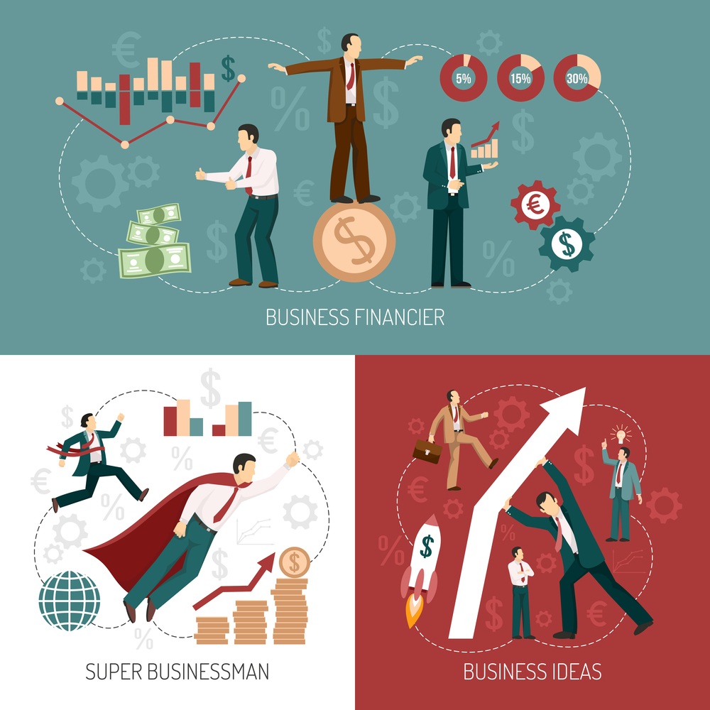 Financiers investors for successful startup business ideas concept flat icons and banner combination poster isolated vector illustration . Winner Businessman Flat Icons Banner Square
