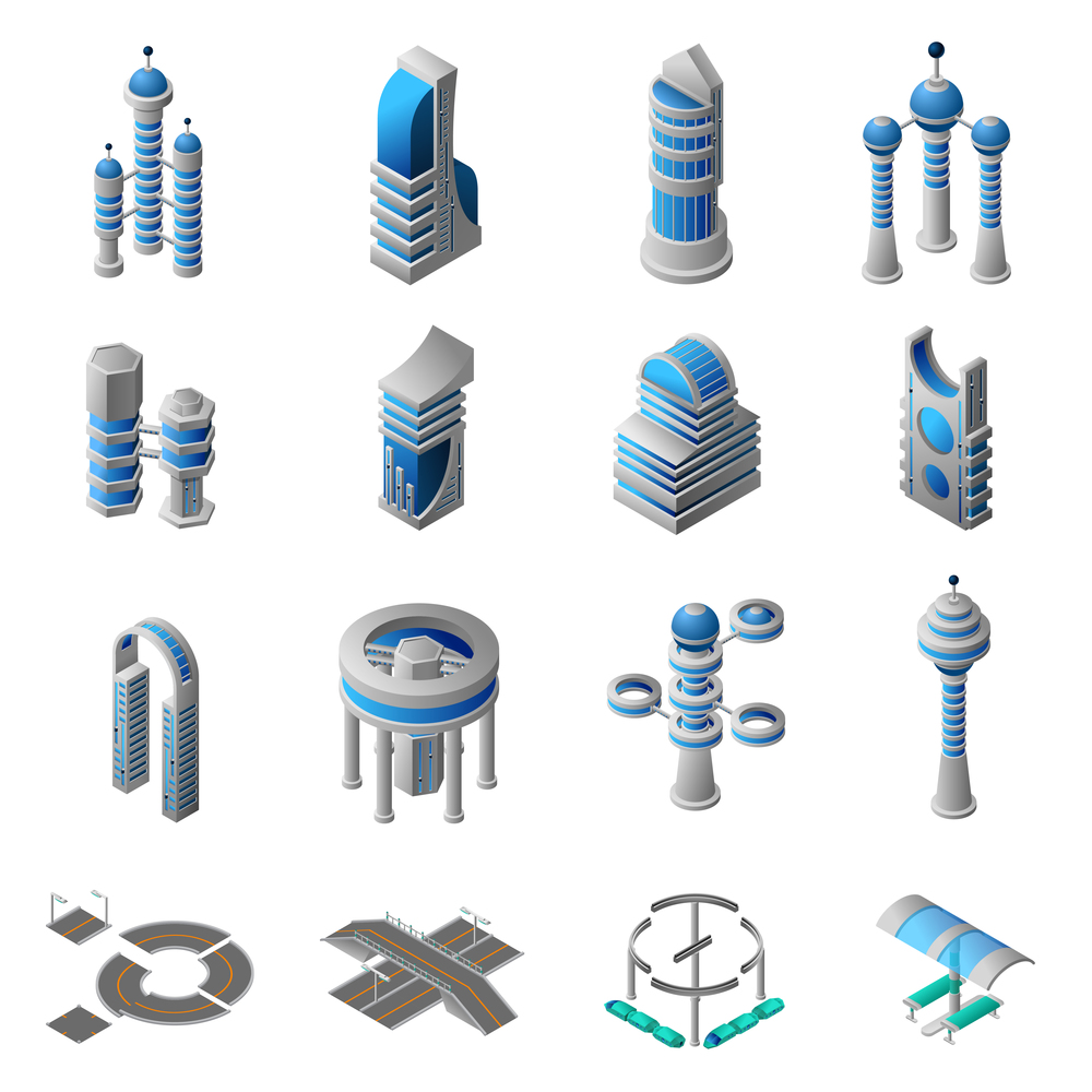 Future city isometric icons set of conceptual building of futuristic construction and architecture isolated vector illustration. Future City Isometric Icons Set