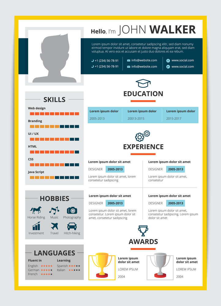 Cv template with male candidate education job experience awards and other information resume flat vector illustration. Job Candidate Resume Template