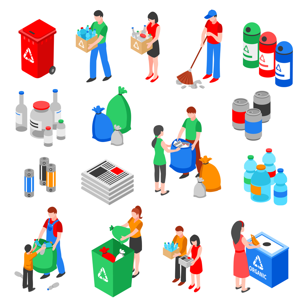 Garbage and plastic recycling isolated images set with isometric rubbish containers trash bins and people characters vector illustration. Garbage Recycling Elements Set