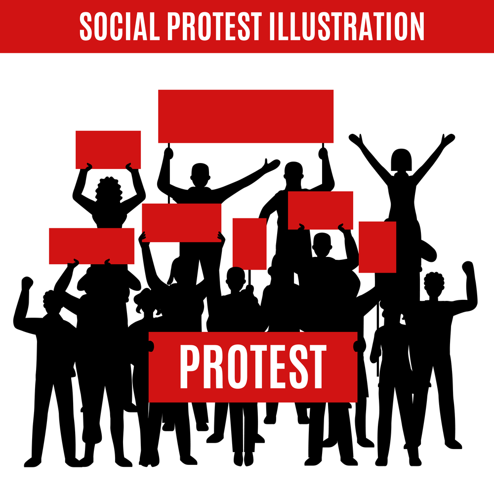Composition with black silhouettes of protesting crowd rioters holding red rectangular placards with place for text vector illustration. Social Protest Silhouettes Composition