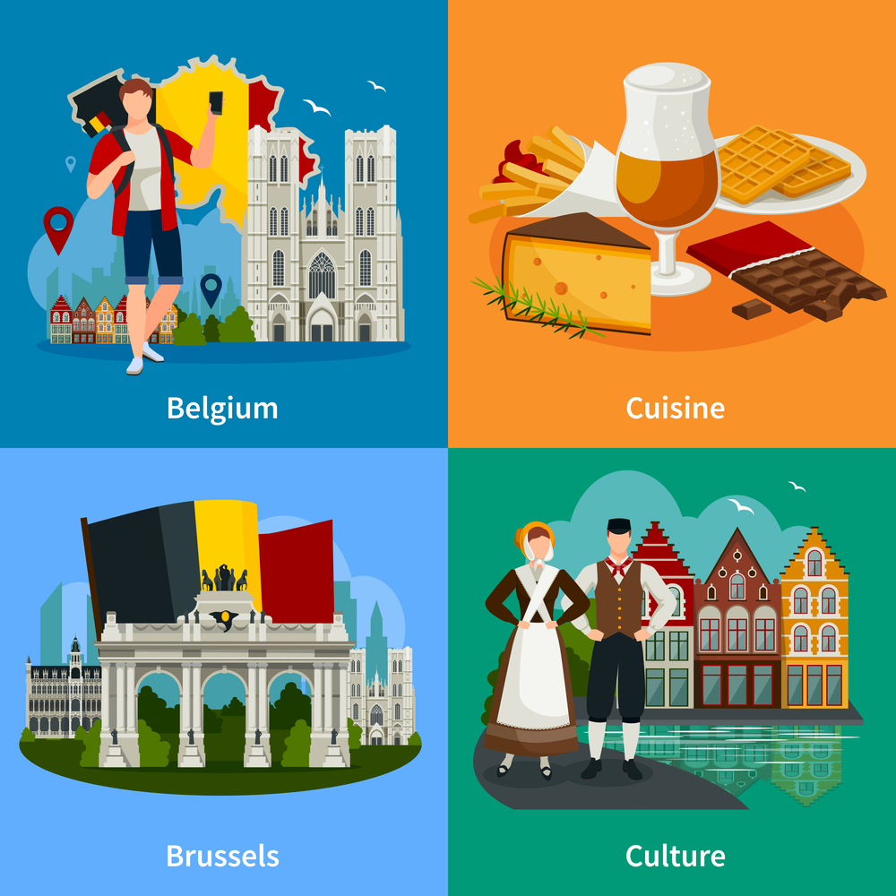 Travel concept in flat style with belgian landmarks including cuisine culture and brussel isolated vector illustration  . Belgian Landmarks Flat Style Travel Concept