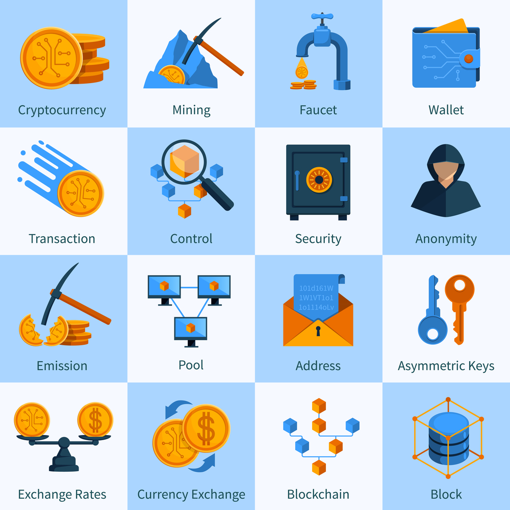 Set of icons in flat style with virtual currency block chain mining and security isolated vector illustration. Virtual Currency Icons Set Flat Style
