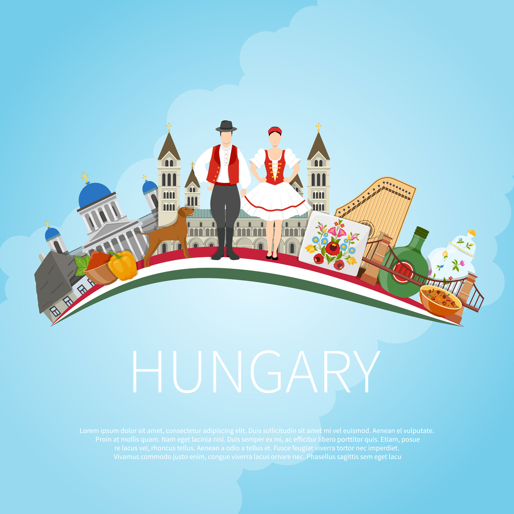 Hungary travel concept with flat composition of traditional folk art architecture buildings and editable text field vector illustration. Visit Hungary Cloud Concept