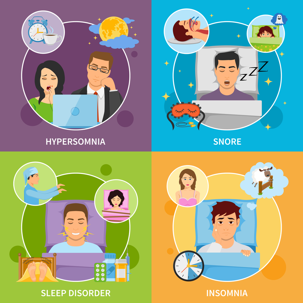 Four square sleeping disorder compositions with flat images representing different kinds of somnipathy with patient characters vector illustration. Sleep Disorders Compositions Set