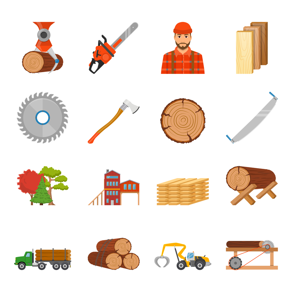 Sawmill timber flat isolated icons set with professional equipment tools and goods images on blank background vector illustration. Sawmill Timber Icon Set